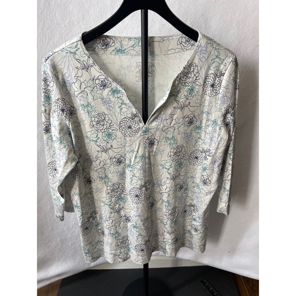 LL Bean Womens‎ 1X Plus White Floral Supima Cotton 3/4 Sleeve Split Neck Top